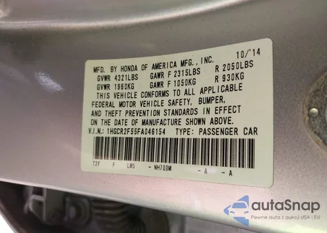 2015 Honda Accord Sport from USA, damaged, VIN 1HGCR2F55FA046154